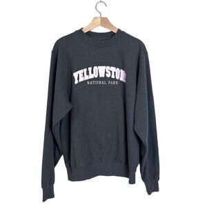 Yellowstone National Park Sweatshirt Embroidered Spell Out Grey Pink Medium BAC